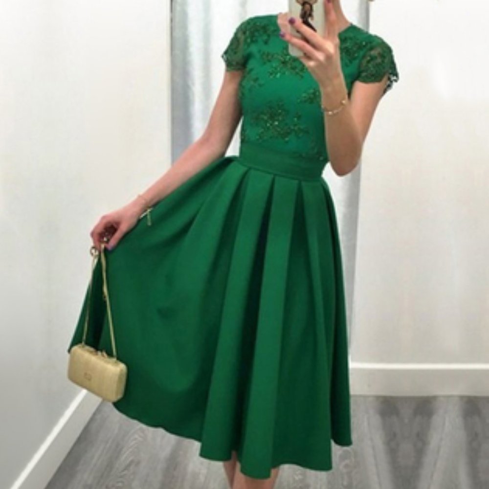 Green short sleeve lace top dress